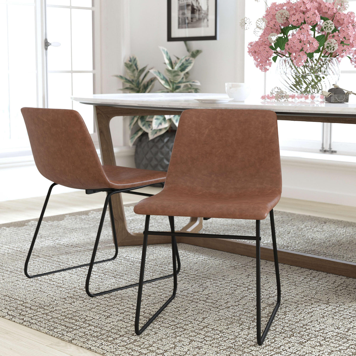 Light Brown LeatherSoft/Black Frame |#| 18 Inch Indoor Dining Table Chairs, Light Brown LeatherSoft/Black Frame-Set of 2