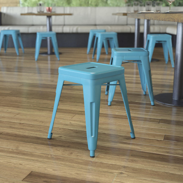 Teal |#| 18 Inch Table Height Indoor Stackable Metal Dining Stool in Teal-Set of 4