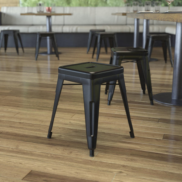 Black |#| 18 Inch Table Height Indoor Stackable Metal Dining Stool in Black-Set of 4