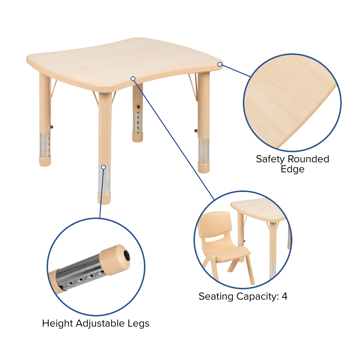 Natural |#| 21.875inchW x 26.625inchL Natural Plastic Adjustable Activity Table-School Table for 4