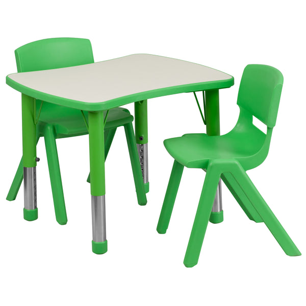 Green |#| 21.875inchW x 26.625inchL Rectangular Green Plastic Activity Table Set with 2 Chairs