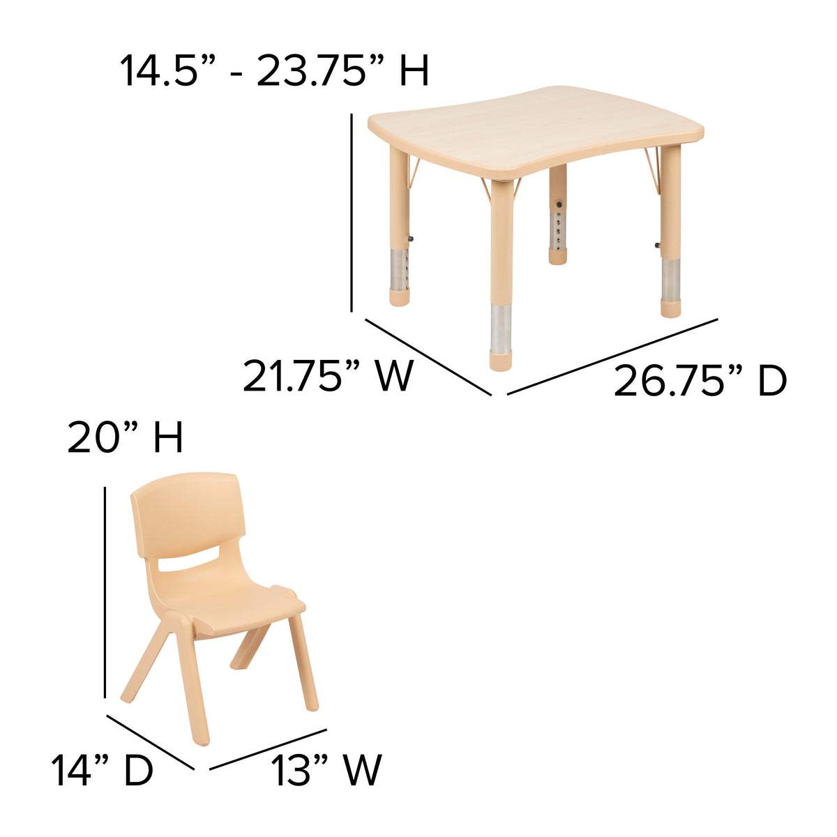 Natural |#| 21.875inchW x 26.625inchL Rectangle Natural Plastic Activity Table Set with 2 Chairs