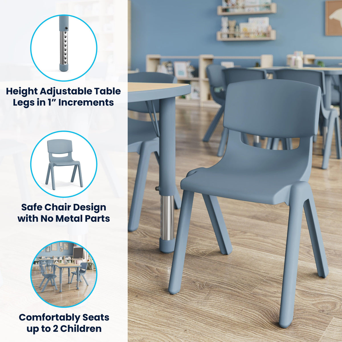 Natural Woodgrain/Dusty Blue |#| 2 PC Plastic Activity Table and 2 Chairs Set, 10.5"Seat Height-Dusty Blue