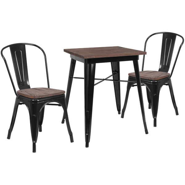 Black |#| 23.5inch Square Black Metal Table Set with Wood Top and 2 Stack Chairs