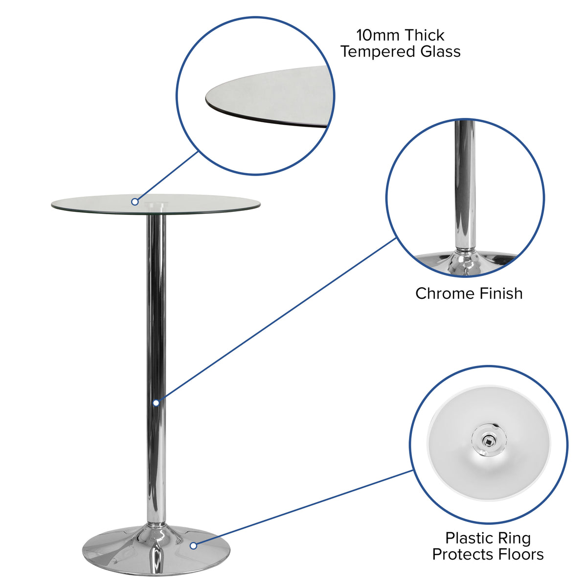 23.5inch Round Glass Table with 35.5inchH Chrome Base - Pedestal Table - Event Table