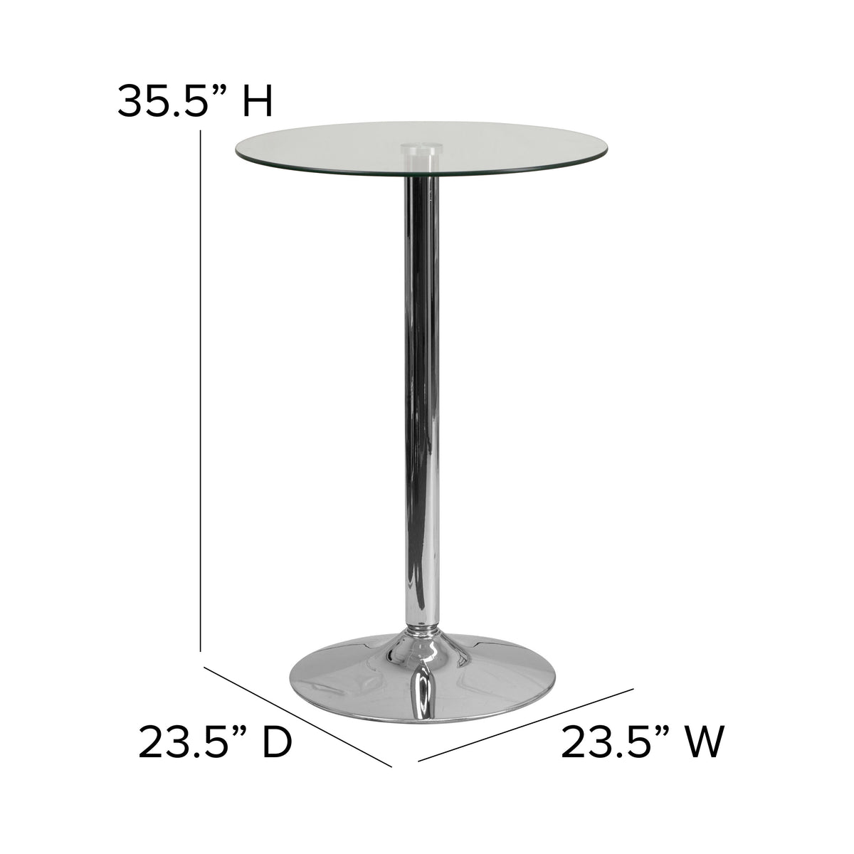 23.5inch Round Glass Table with 35.5inchH Chrome Base - Pedestal Table - Event Table