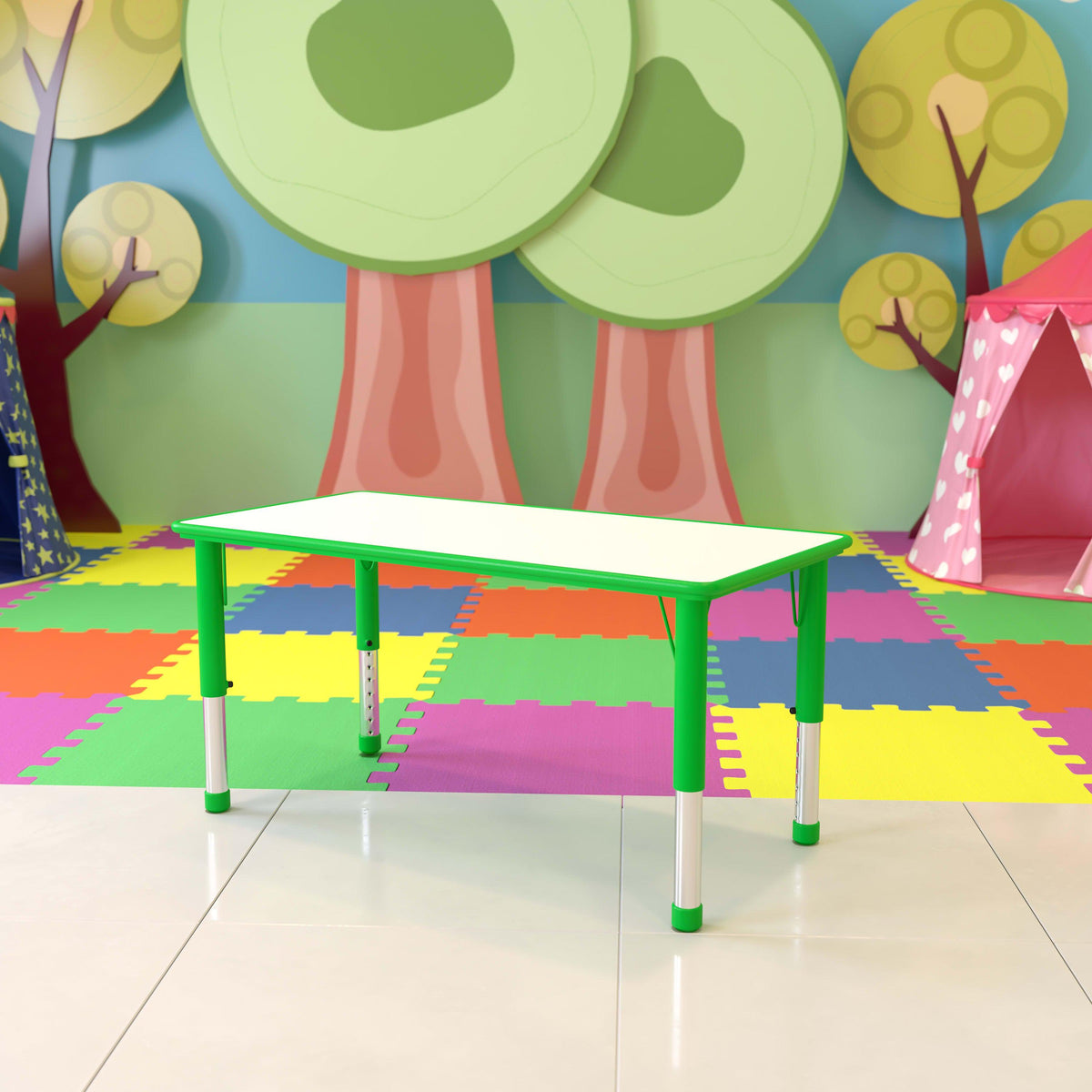 Green |#| 23.625inchW x 47.25inchL Rectangular Green Plastic Activity Table with Grey Top