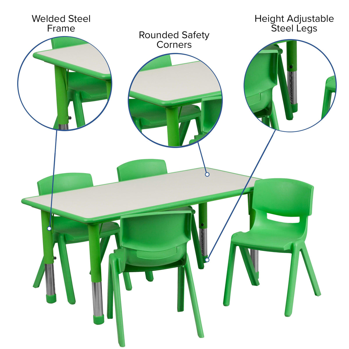 Green |#| 23.625inchW x 47.25inchL Rectangular Green Plastic Activity Table Set with 4 Chairs