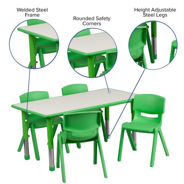 Green |#| 23.625inchW x 47.25inchL Rectangular Green Plastic Activity Table Set with 4 Chairs