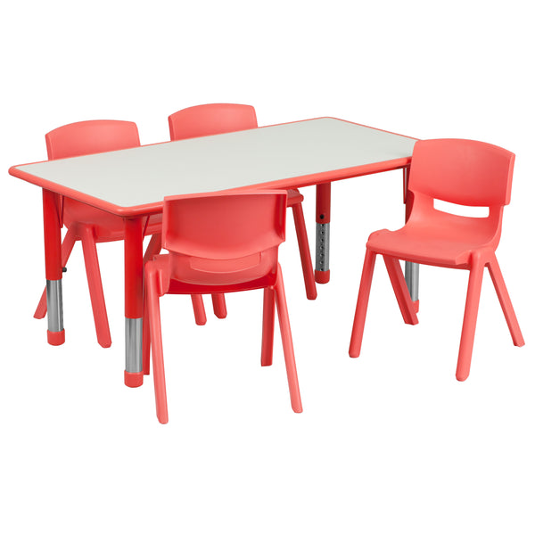 Red |#| 23.625inchW x 47.25inchL Rectangular Red Plastic Activity Table Set with 4 Chairs