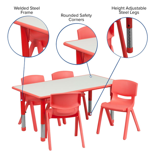 Red |#| 23.625inchW x 47.25inchL Rectangular Red Plastic Activity Table Set with 4 Chairs