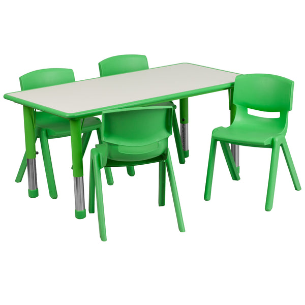 Green |#| 23.625inchW x 47.25inchL Rectangular Green Plastic Activity Table Set with 4 Chairs