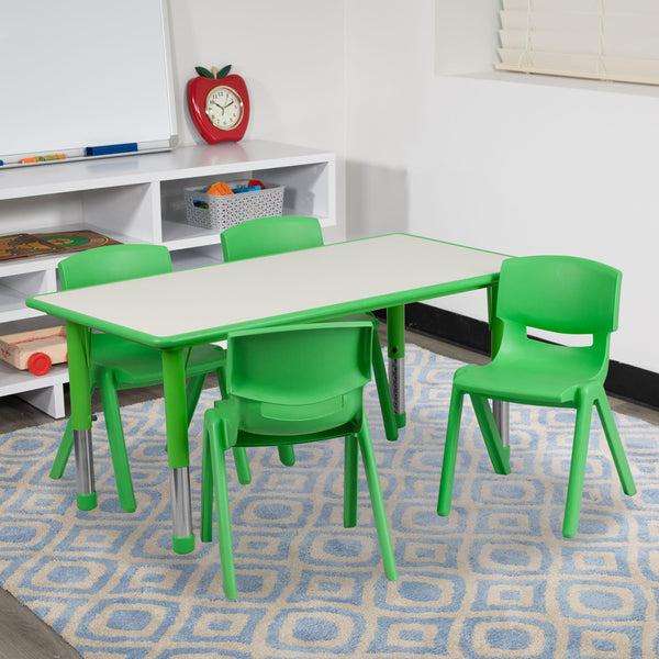 Green |#| 23.625inchW x 47.25inchL Rectangular Green Plastic Activity Table Set with 4 Chairs