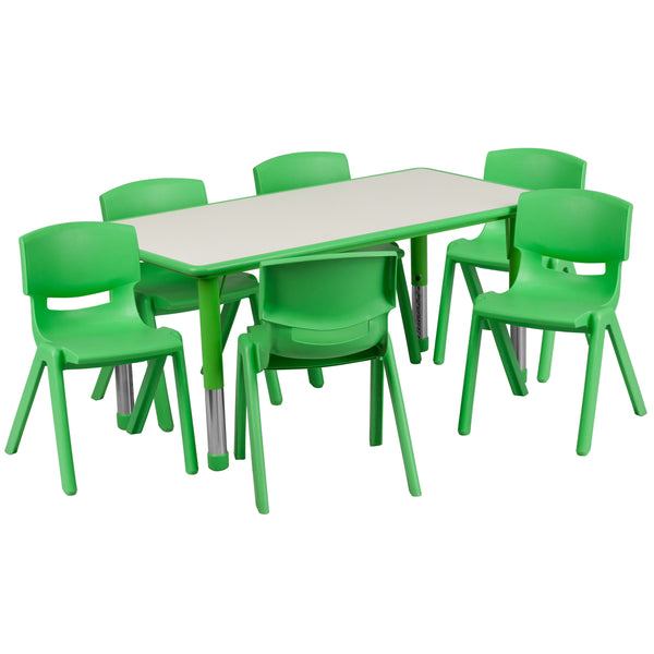 Green |#| 23.625inchW x 47.25inchL Rectangular Green Plastic Activity Table Set with 6 Chairs