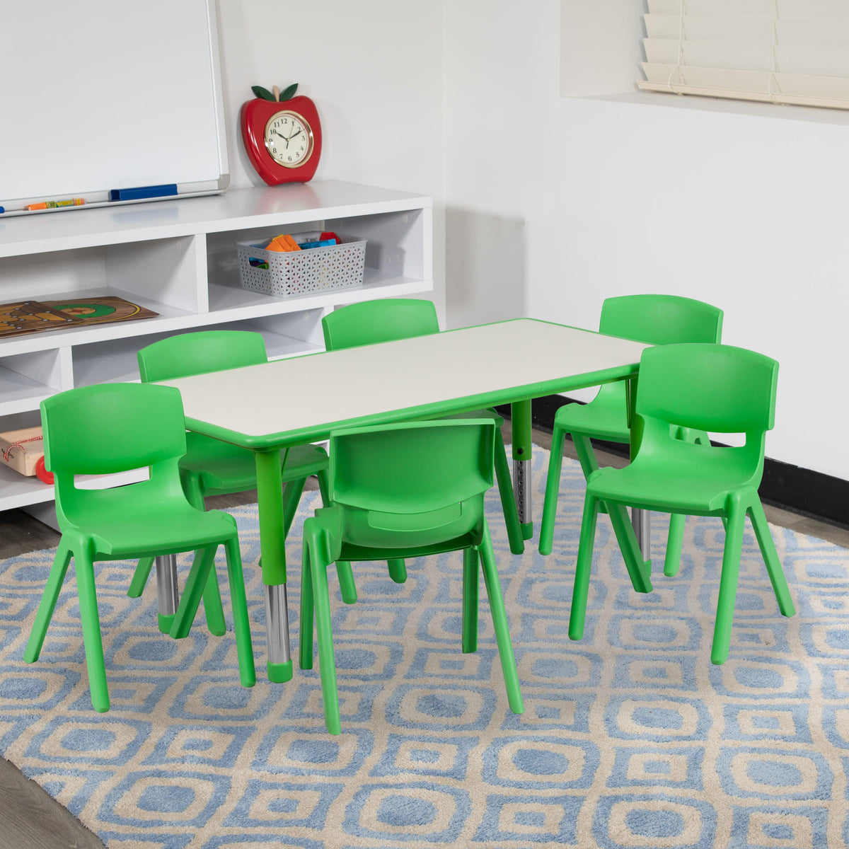 Green |#| 23.625inchW x 47.25inchL Rectangular Green Plastic Activity Table Set with 6 Chairs