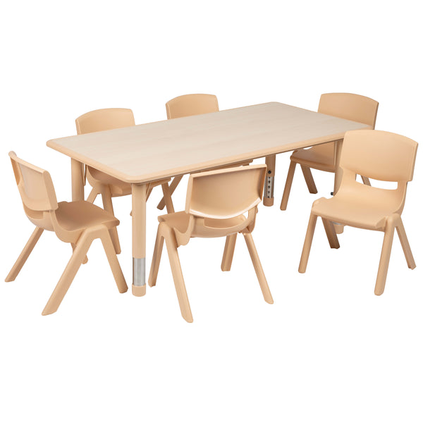 Natural |#| 23.625inchW x 47.25inchL Rectangle Natural Plastic Activity Table Set with 6 Chairs