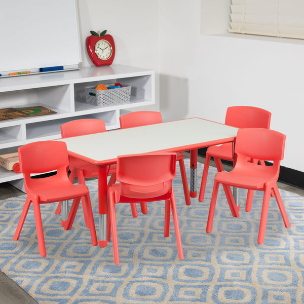 Red |#| 23.625inchW x 47.25inchL Rectangular Red Plastic Activity Table Set with 6 Chairs