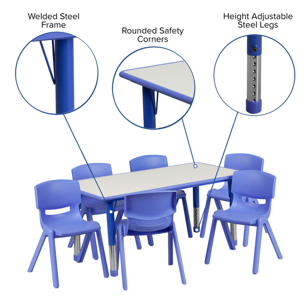 Blue |#| 23.625inchW x 47.25inchL Rectangular Blue Plastic Activity Table Set with 6 Chairs