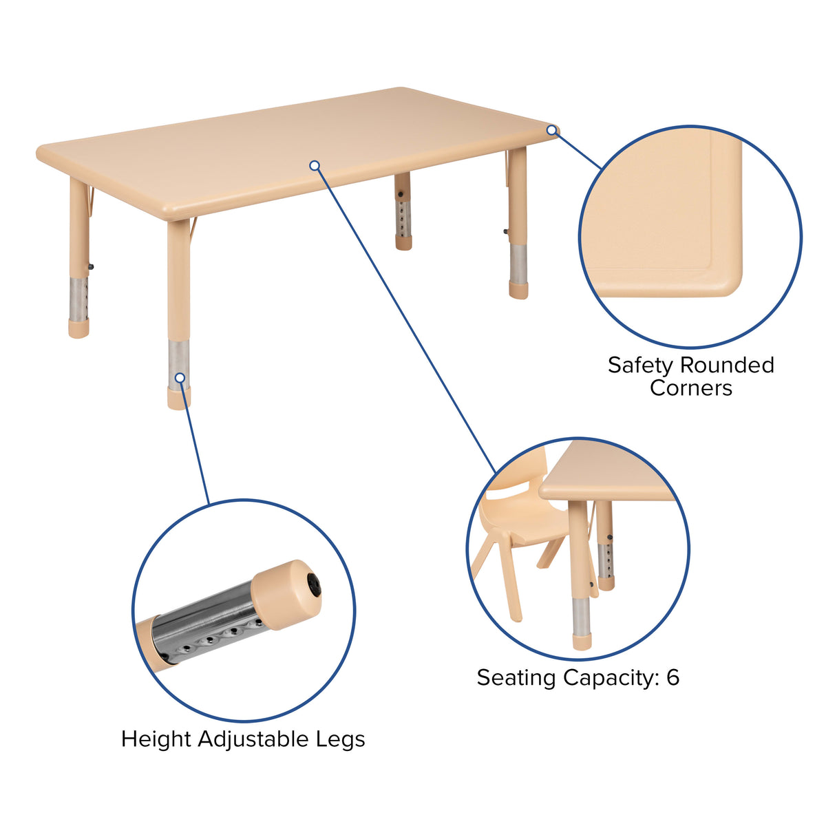 Natural |#| 24inchW x 48inchL Natural Plastic Adjustable Activity Table - School Table for 6