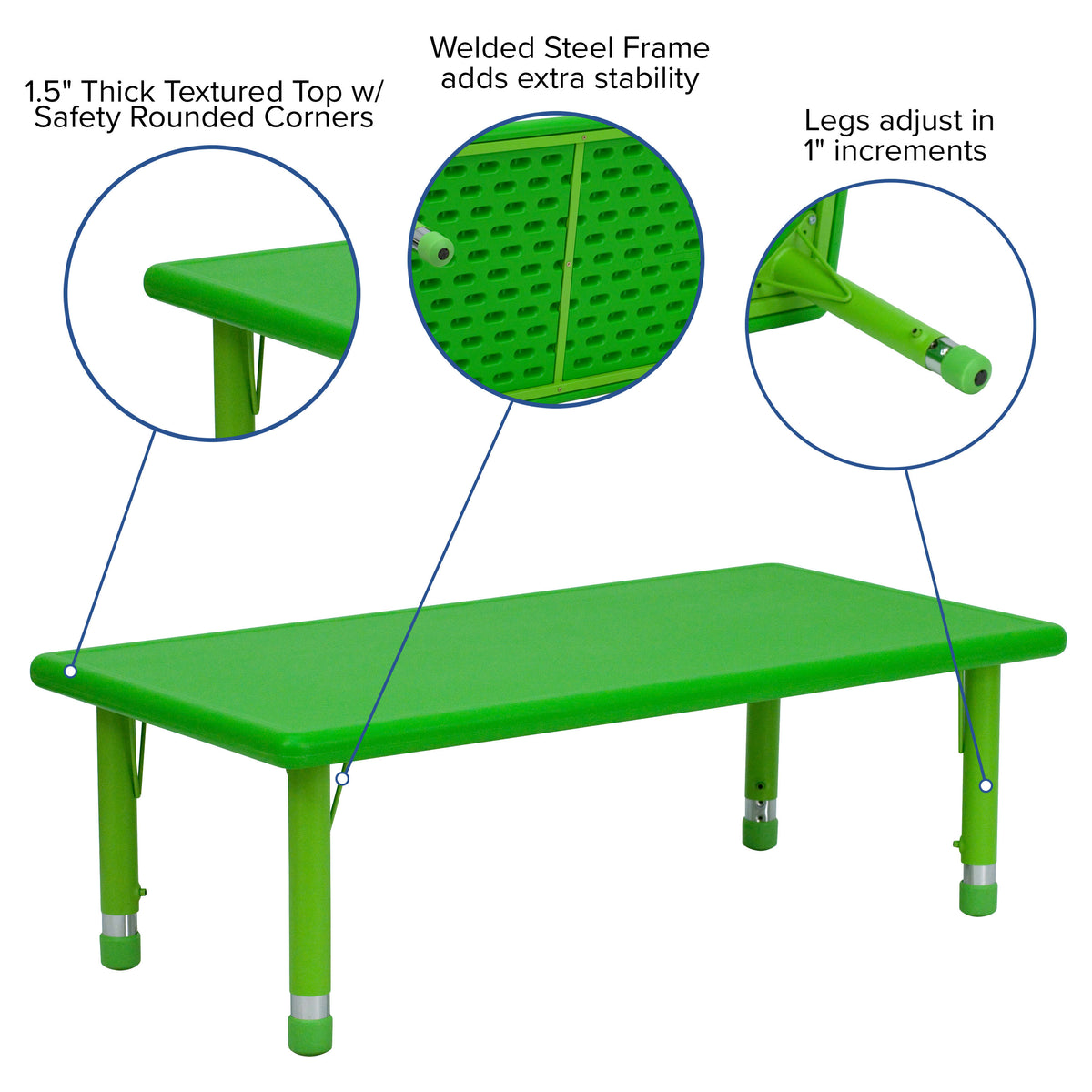 Green |#| 24inchW x 48inchL Rectangular Green Plastic Height Adjustable Activity Table