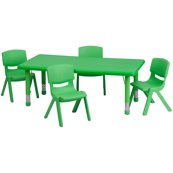 Green |#| 24inchW x 48inchL REC Green Plastic Height Adjustable Activity Table Set - 4 Chairs