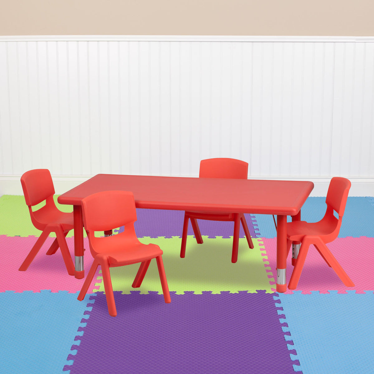 Red |#| 24inchW x 48inchL REC Red Plastic Height Adjustable Activity Table Set - 4 Chairs