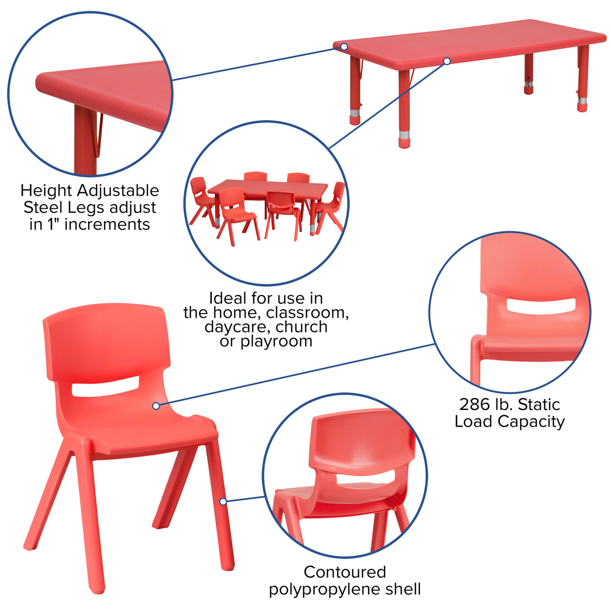 Red |#| 24inchW x 48inchL REC Red Plastic Height Adjustable Activity Table Set - 4 Chairs