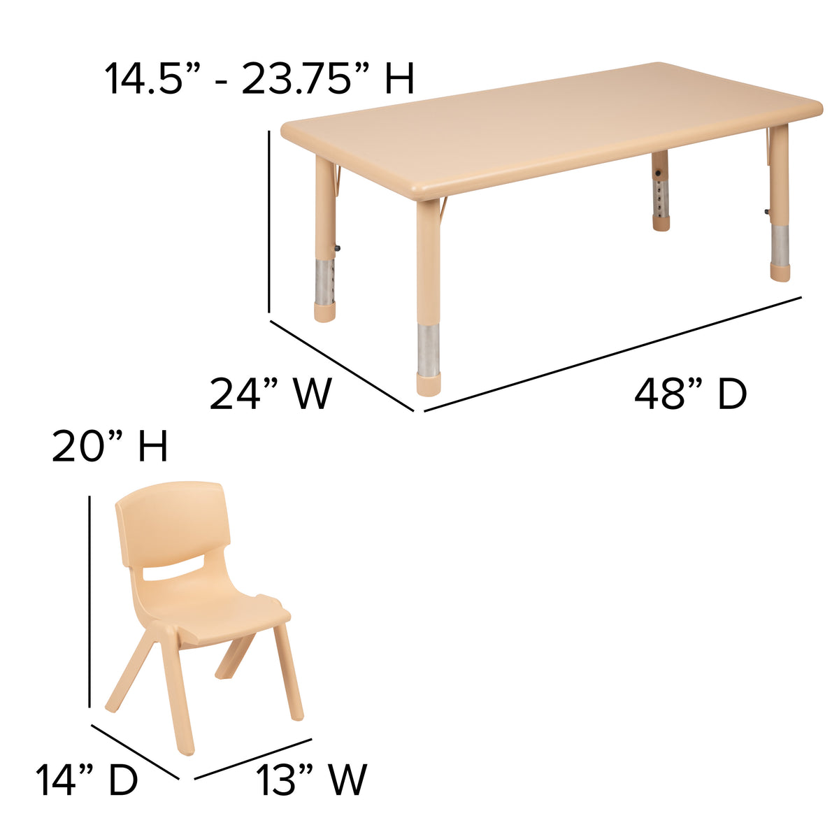 Natural |#| 24inchW x 48inchL Rectangle Natural Plastic Adjustable Activity Table Set - 6 Chairs