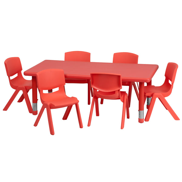 Red |#| 24"W x 48"L REC Red Plastic Height Adjustable Activity Table Set - 6 Chairs