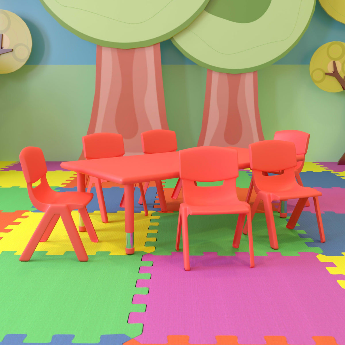 Red |#| 24"W x 48"L REC Red Plastic Height Adjustable Activity Table Set - 6 Chairs