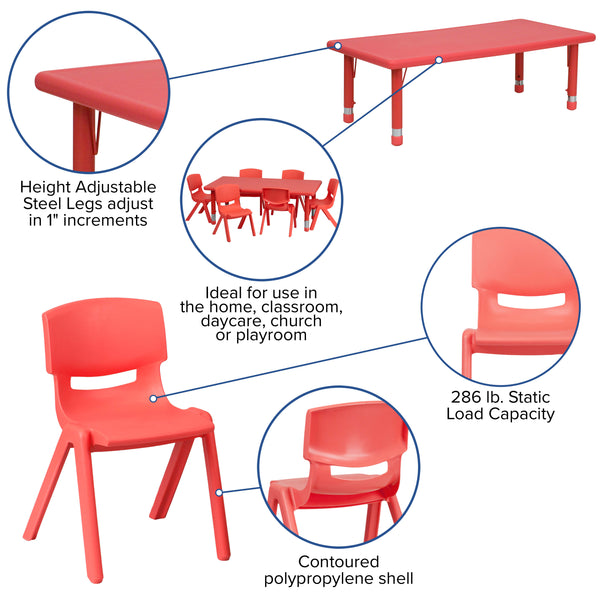 Red |#| 24"W x 48"L REC Red Plastic Height Adjustable Activity Table Set - 6 Chairs