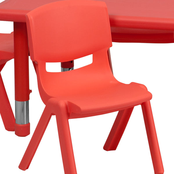 Red |#| 24"W x 48"L REC Red Plastic Height Adjustable Activity Table Set - 6 Chairs