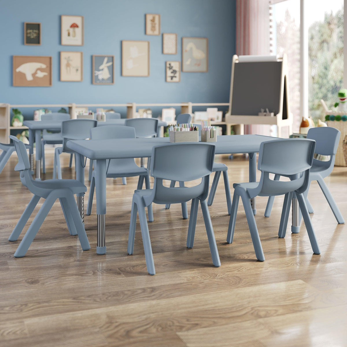 Dusty Blue |#| 7 PC Plastic Activity Table and 6 Chairs Set, 10.5"Seat Height-Dusty Blue