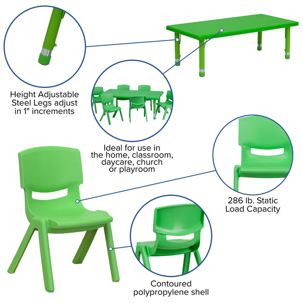 Green |#| 24"W x 48"L REC Green Plastic Height Adjustable Activity Table Set - 6 Chairs