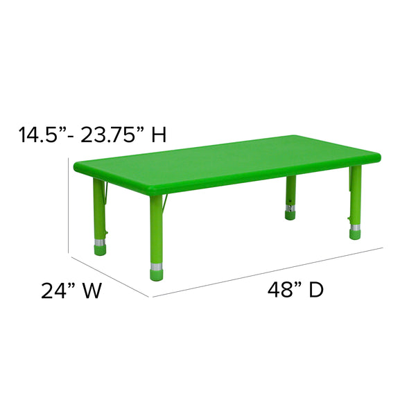 Green |#| 24"W x 48"L REC Green Plastic Height Adjustable Activity Table Set - 6 Chairs