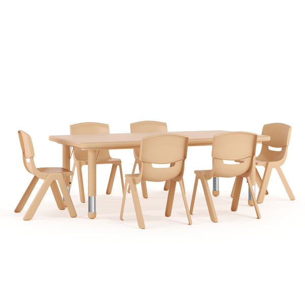 Natural |#| 24"W x 48"L Rectangle Natural Plastic Adjustable Activity Table Set - 6 Chairs