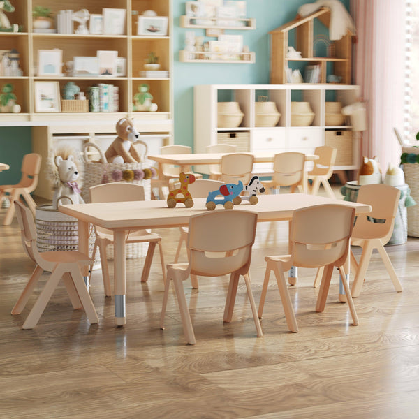 Natural |#| 24"W x 48"L Rectangle Natural Plastic Adjustable Activity Table Set - 6 Chairs