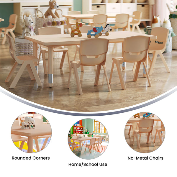 Natural |#| 24"W x 48"L Rectangle Natural Plastic Adjustable Activity Table Set - 6 Chairs