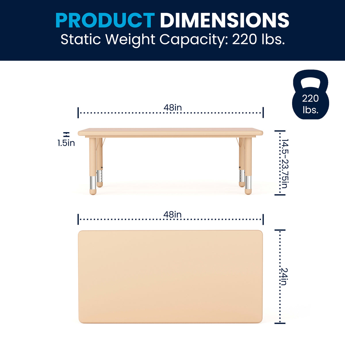 Natural |#| 24"W x 48"L Rectangle Natural Plastic Adjustable Activity Table Set - 6 Chairs
