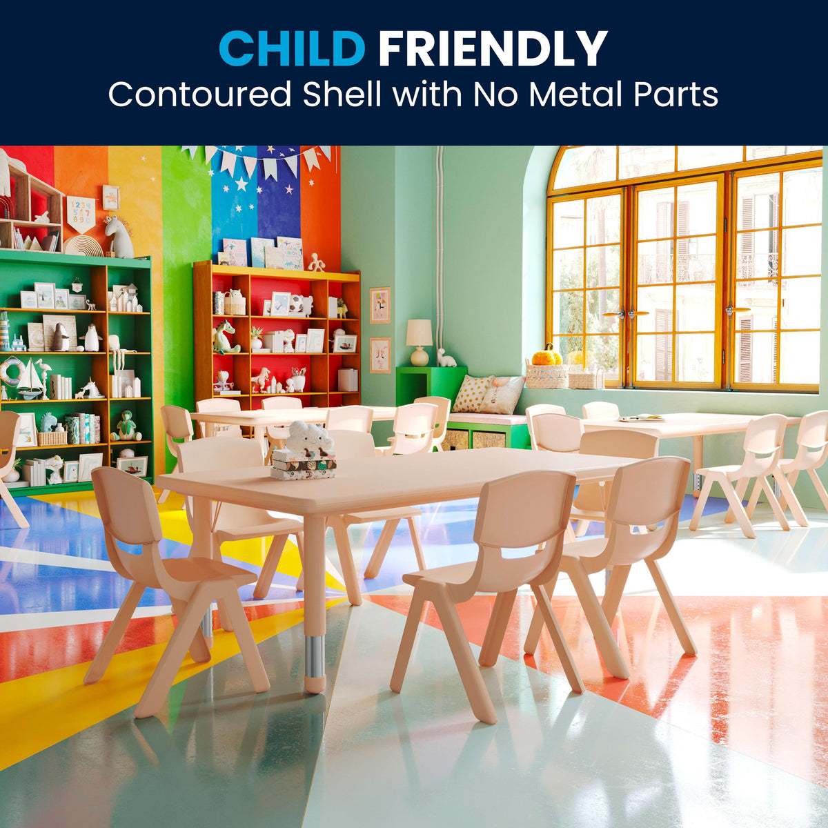 Natural |#| 24"W x 48"L Rectangle Natural Plastic Adjustable Activity Table Set - 6 Chairs