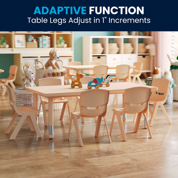 Natural |#| 24"W x 48"L Rectangle Natural Plastic Adjustable Activity Table Set - 6 Chairs