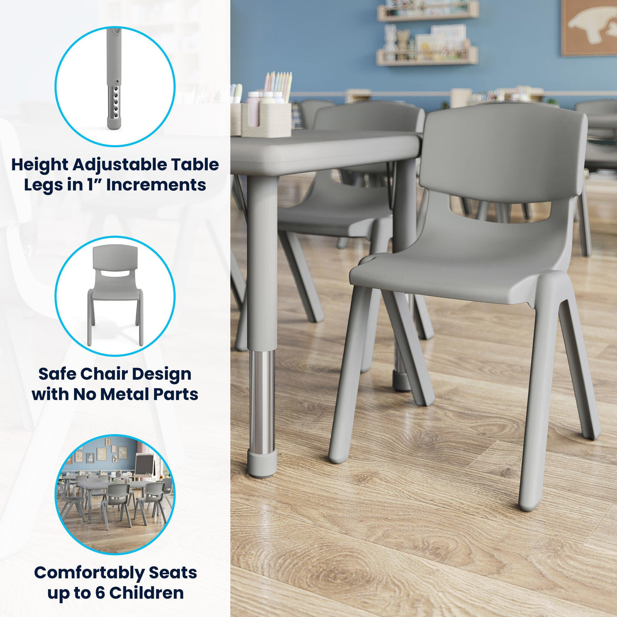 Soft Gray |#| 7 PC Plastic Activity Table and 6 Chairs Set, 10.5"Seat Height-Soft Gray