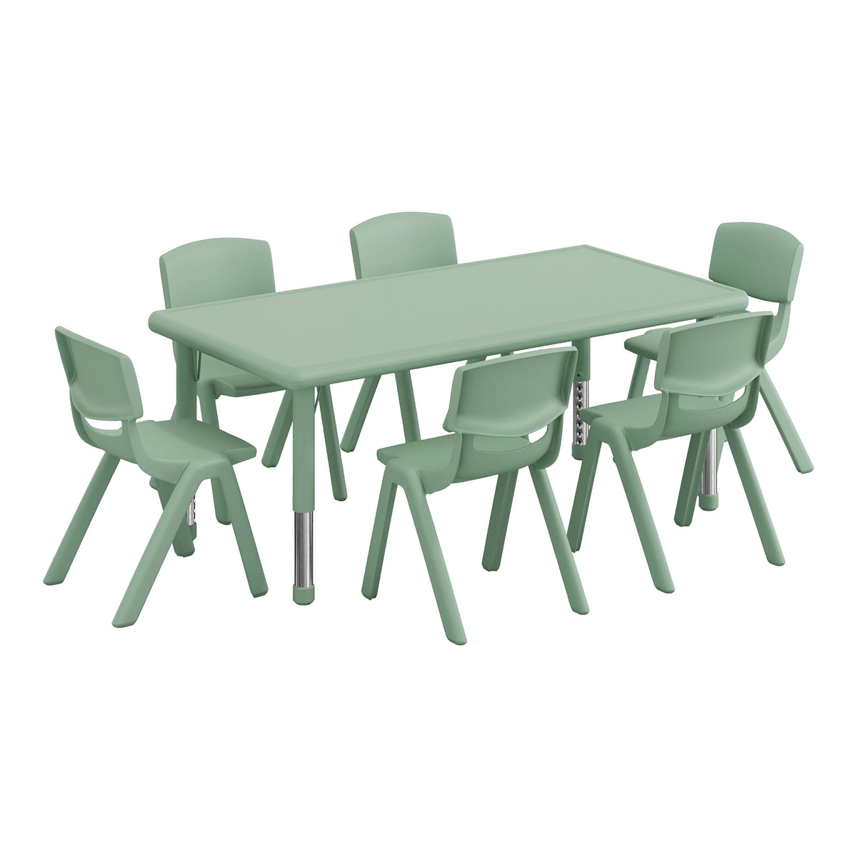 Sage |#| 7 PC Plastic Activity Table and 6 Chairs Set, 10.5"Seat Height-Sage
