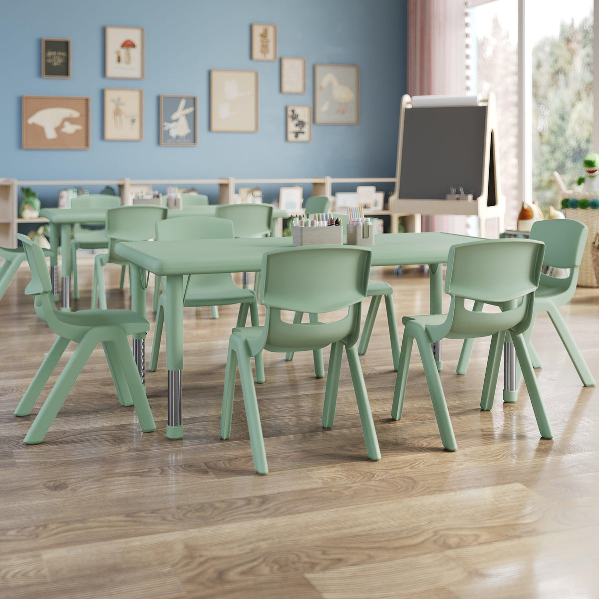 Sage |#| 7 PC Plastic Activity Table and 6 Chairs Set, 10.5"Seat Height-Sage