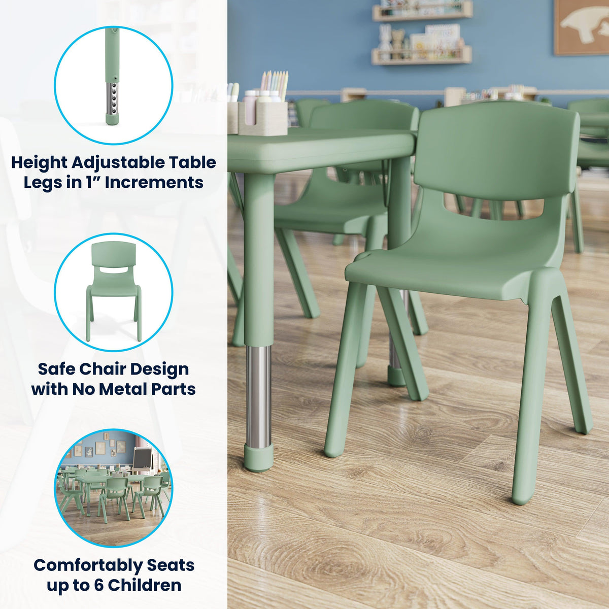 Sage |#| 7 PC Plastic Activity Table and 6 Chairs Set, 10.5"Seat Height-Sage