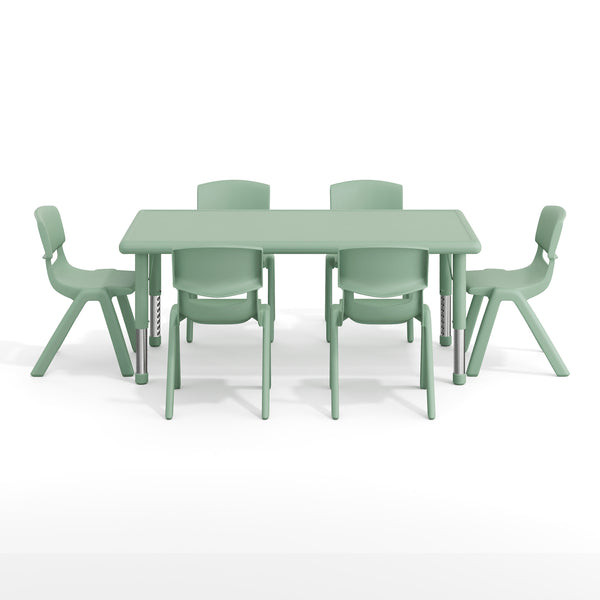 Sage |#| 7 PC Plastic Activity Table and 6 Chairs Set, 10.5"Seat Height-Sage