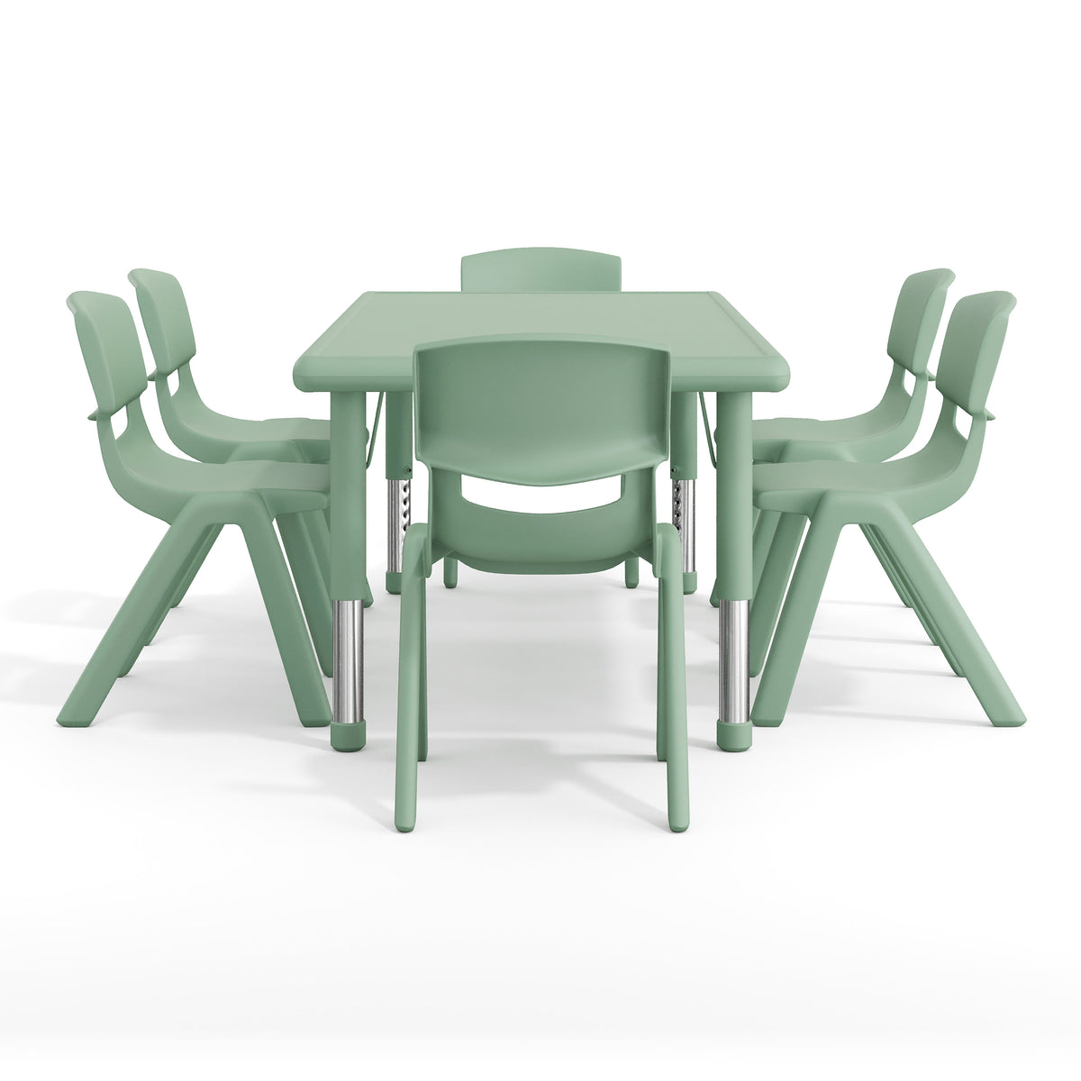 Sage |#| 7 PC Plastic Activity Table and 6 Chairs Set, 10.5"Seat Height-Sage