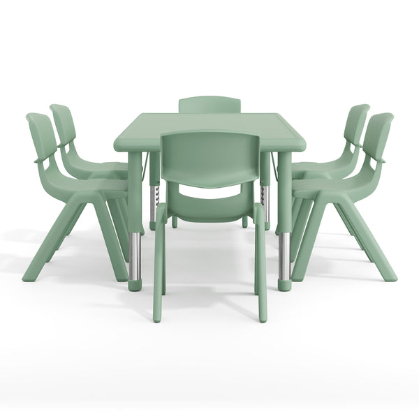 Sage |#| 7 PC Plastic Activity Table and 6 Chairs Set, 10.5"Seat Height-Sage
