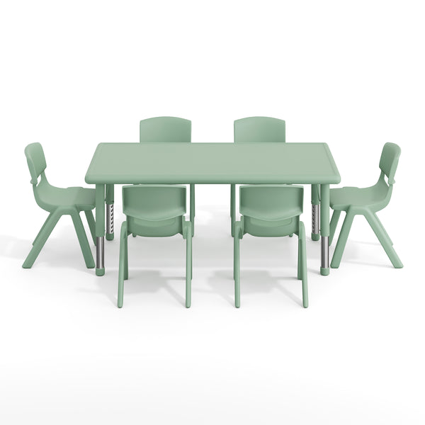 Sage |#| 7 PC Plastic Activity Table and 6 Chairs Set, 10.5"Seat Height-Sage