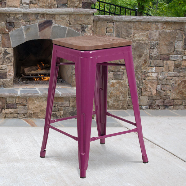 Purple |#| 24inch High Backless Purple Counter Height Stool with Square Wood Seat